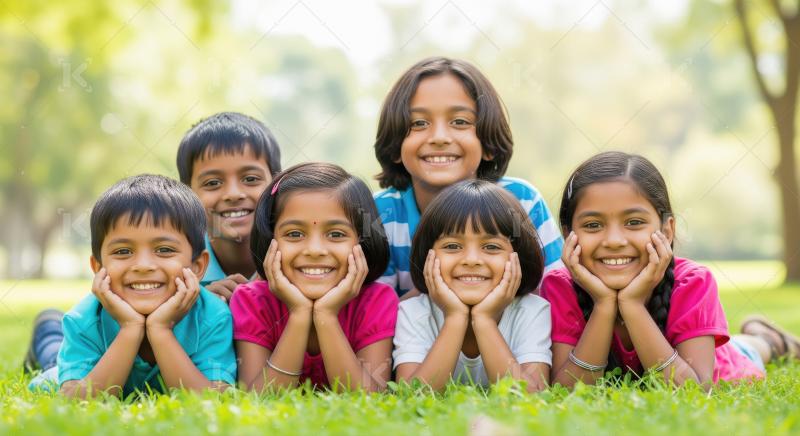 Happy Indian Children Lying on Green Grass in Park