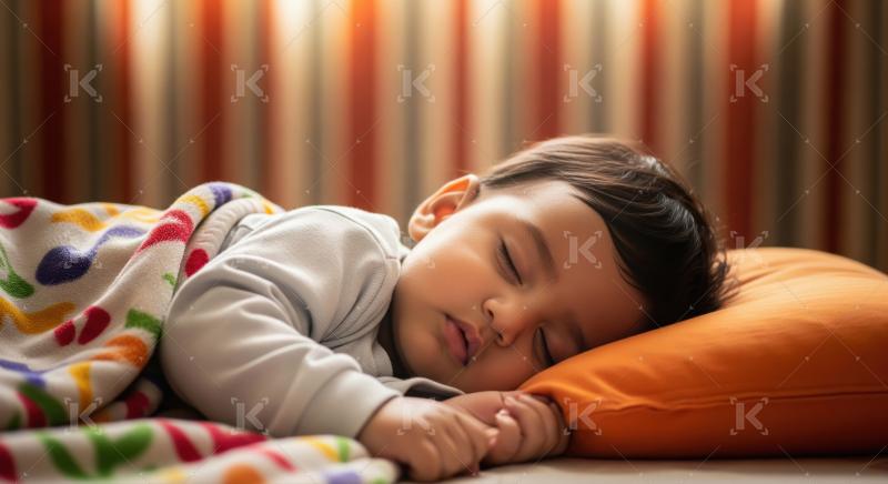 Peaceful Baby Sleeping Soundly on Orange Pillow with Colorful Bl
