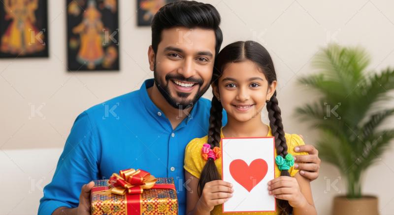Happy Indian father and daughter holding gift and heart card