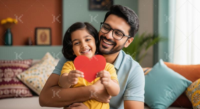 Joyful Indian Father and Daughter Holding Red Heart of Love