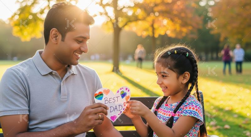Daughter gives "Best Dad" card to happy father in park