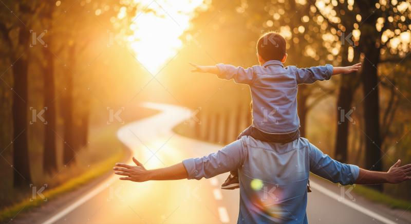 Backlit father son duo embracing freedom on country road