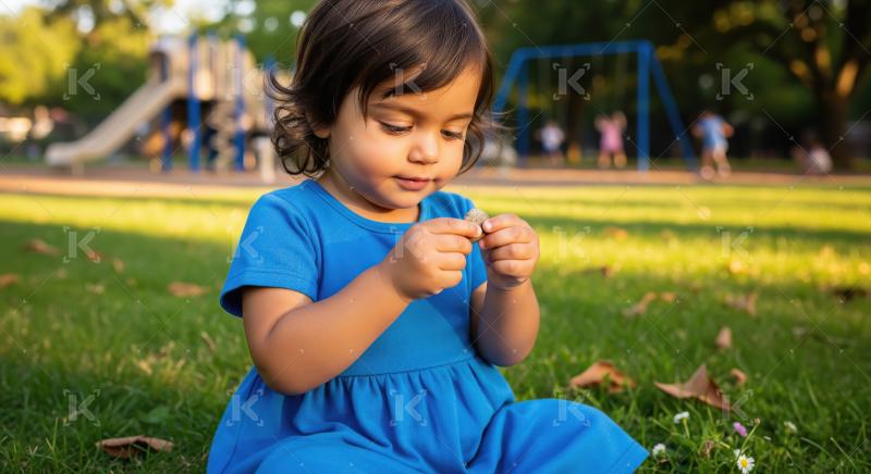 Curious toddler exploring a small stone in sunny park.