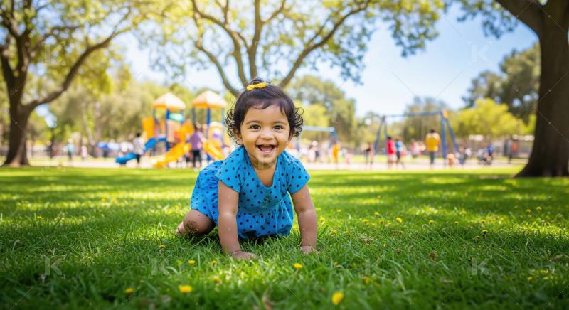 Happy Baby Girl Crawling in Sunny Park Playground