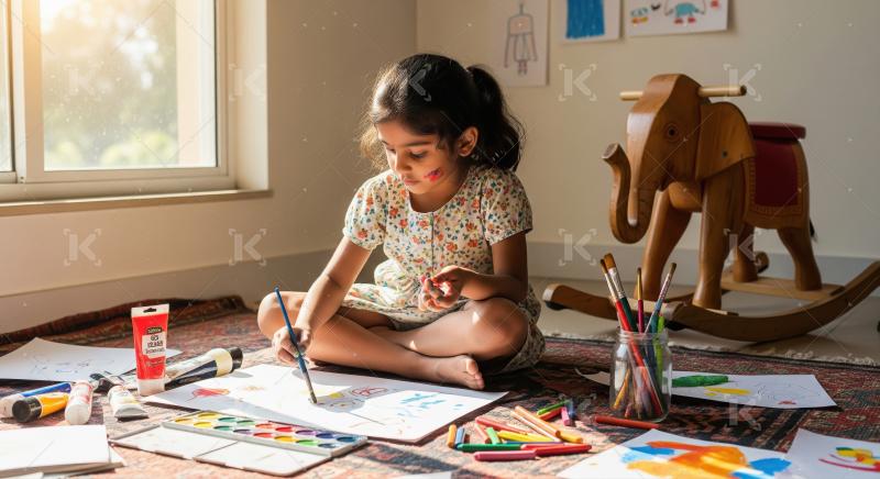 Young Girl Painting with Watercolors on Floor at Home