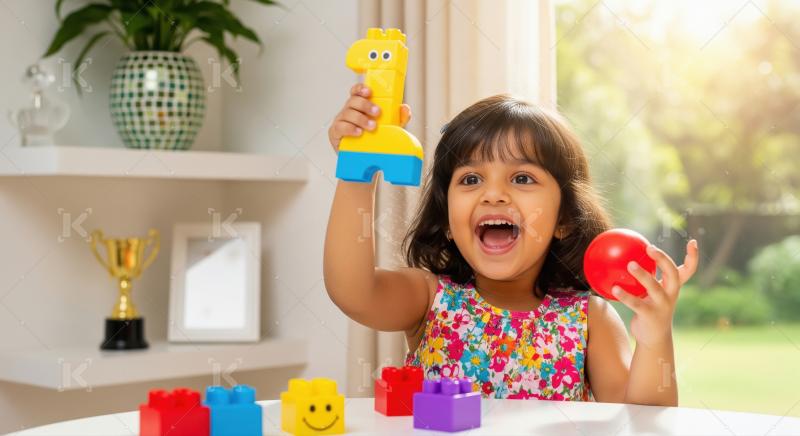 Excited little girl playing with colorful blocks and ball