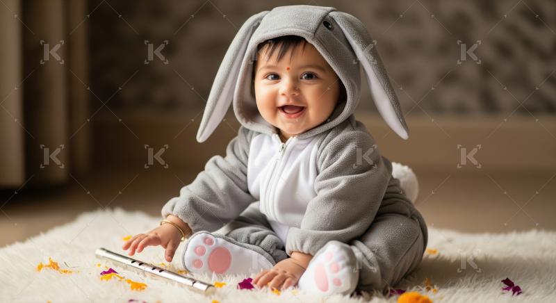 Adorable baby in bunny costume joyfully playing with flute