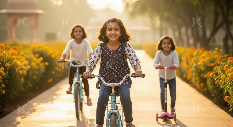 Three happy Indian girls riding bikes and scooter outdoors.