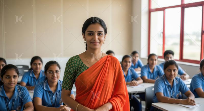 Confident Indian teacher with students in a bright classroom