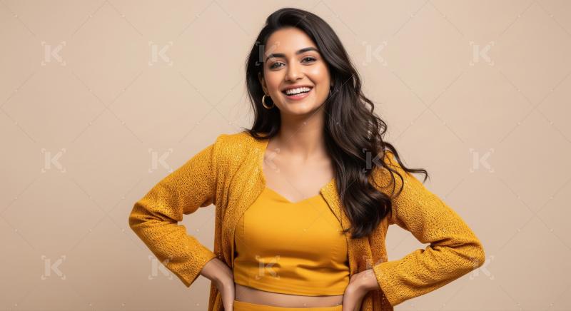 Beautiful Indian Woman Smiling Brightly in Yellow Attire