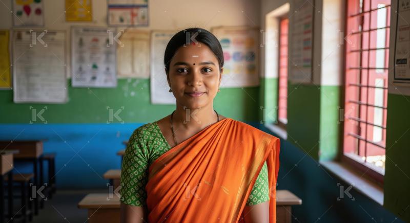 Young Indian Teacher Smiles in a Vibrant Classroom