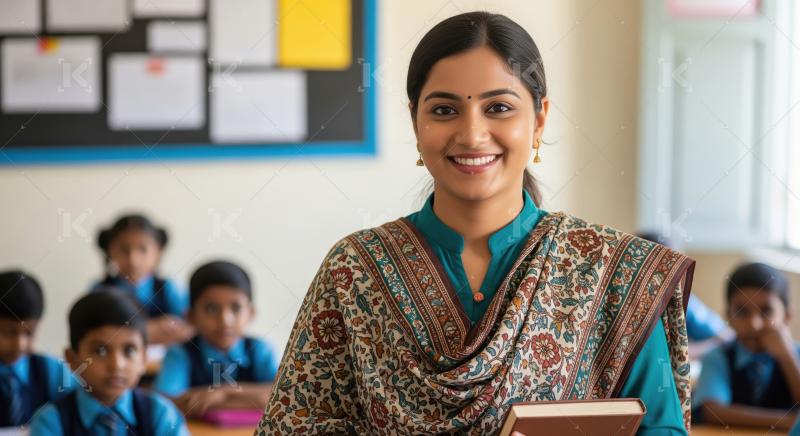 Smiling Indian Teacher in Classroom with Young Students