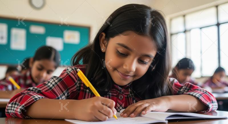 Young Indian Girl Focused on Writing in Classroom