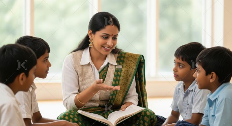 Indian teacher engaging young boys in a reading session