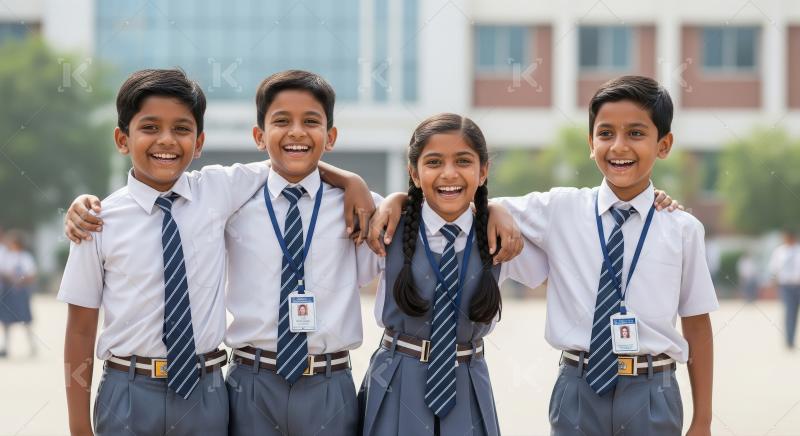 Happy Indian School Children Smiling Together in Uniform