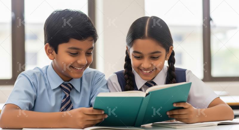 Indian school children happily reading book together in classroo
