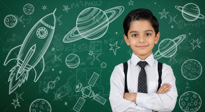 Young Boy in Front of Space-Themed Chalkboard with Science Drawi