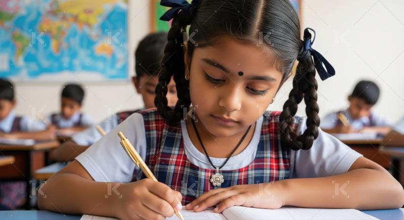 Focused Indian School Girl Learning and Writing in Classroom
