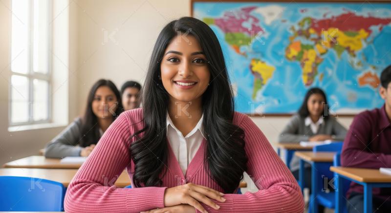 Happy Indian Student Smiles Confidently in Diverse Classroom Env