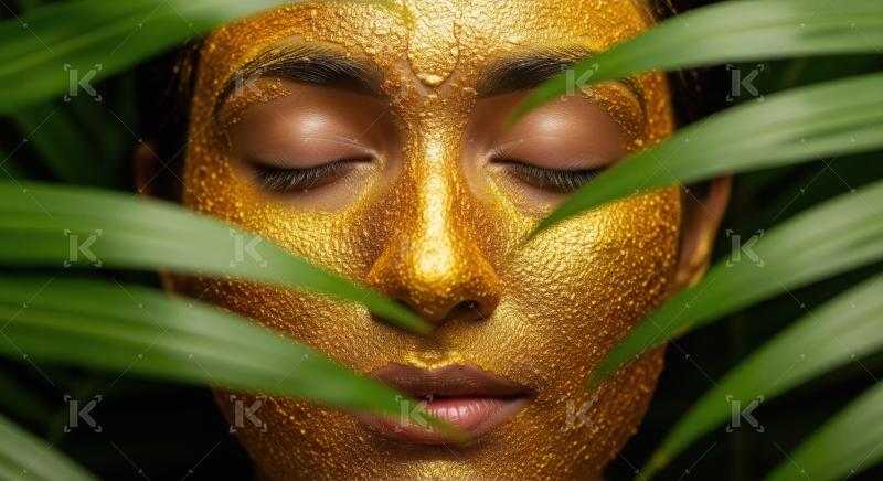 Serene Woman with Gold Mask, Framed by Green Leaves