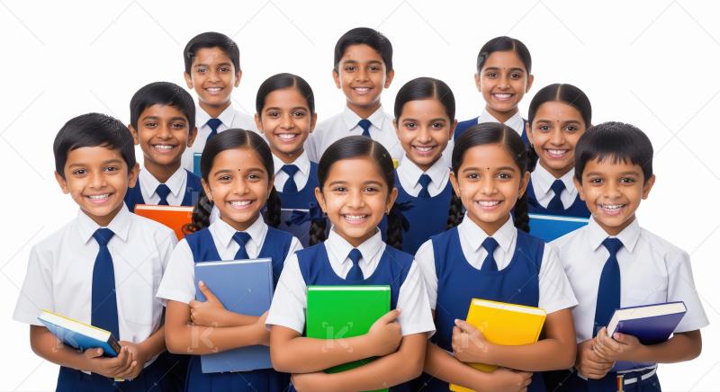 Happy Indian School Children Holding Books Smiling at Camera