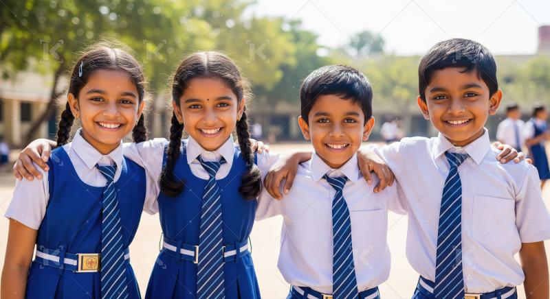 Happy Indian School Children Smiling Together in Uniform