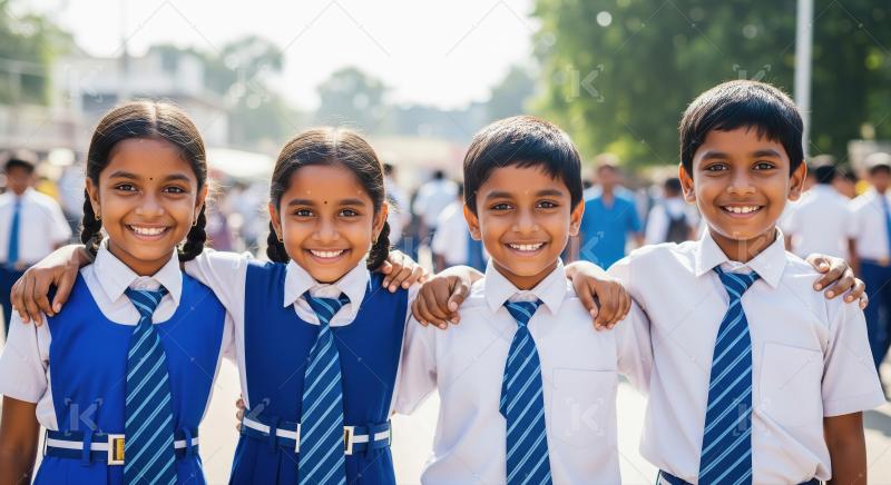 Happy Indian School Children in Uniforms Smiling Together Outdoo