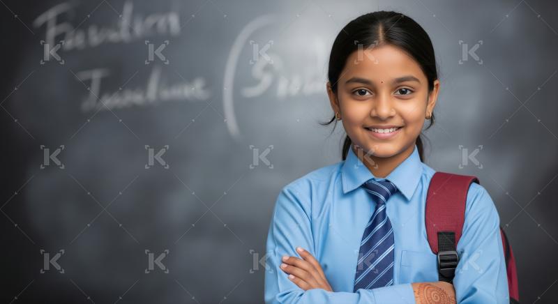 Happy Indian Schoolgirl Smiling Confidently Against Blackboard B