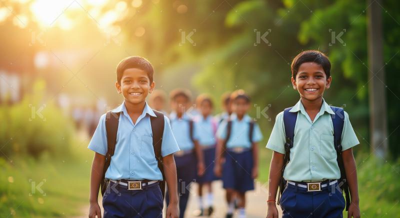 Happy Indian School Children Walking to Class at Sunrise