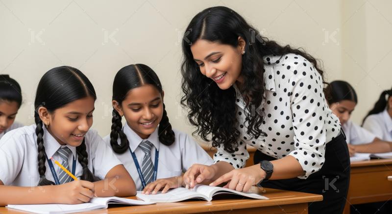 Young Teacher Helps Smiling Schoolgirls with Lesson in Classroom