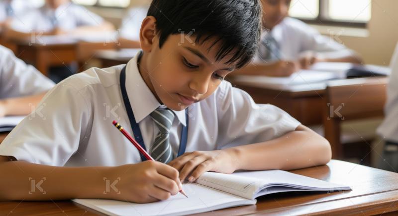 Indian Schoolboy Studying Diligently in Classroom