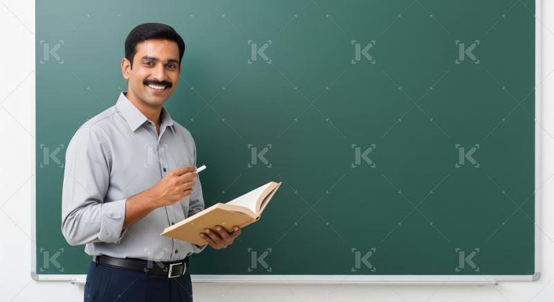 Smiling Indian Teacher Holding Book and Chalk by Chalkboard