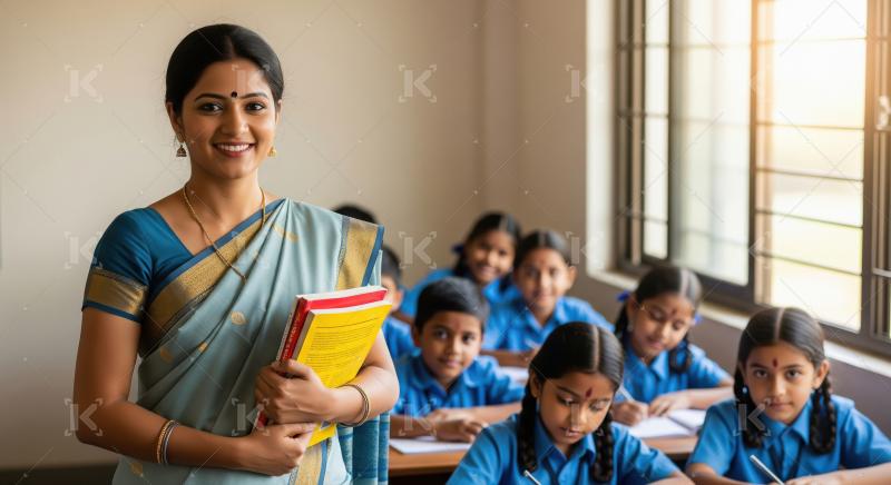 Indian Teacher with Students in Classroom