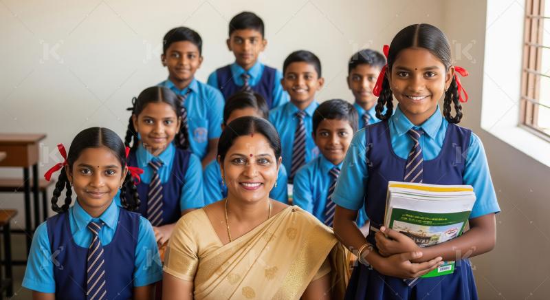 Joyful Indian Teacher and Students Group Portrait in School