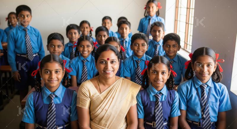 Indian teacher and students smiling happily in classroom