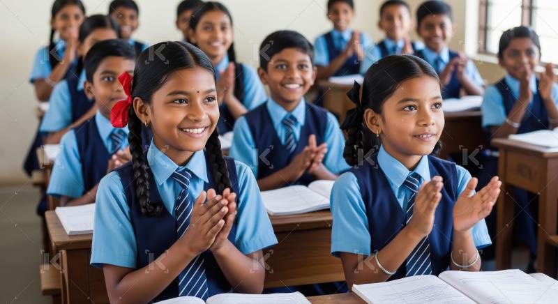 Happy Indian School Children Clapping in Classroom, Enjoying Edu