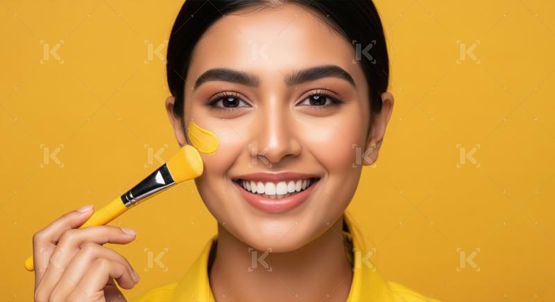Young woman applying yellow beauty product with brush, smiling.