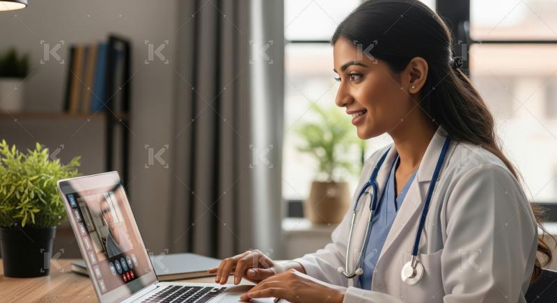 Female Doctor Engages in Telemedicine Consultation on Laptop