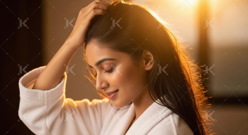Serene Woman in Robe Embracing Golden Hour Sunlight
