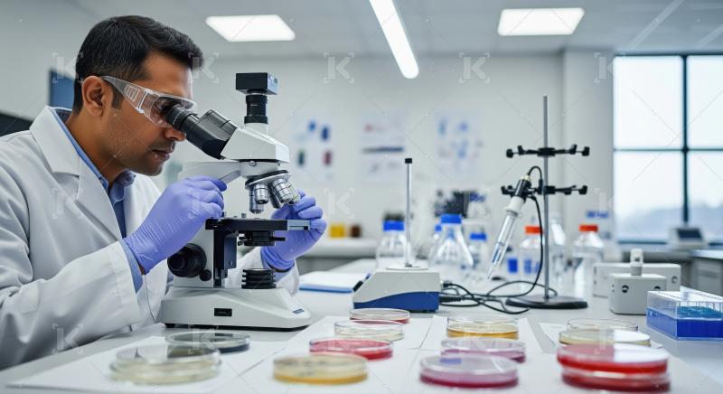 Male scientist examining cultures under microscope in modern lab