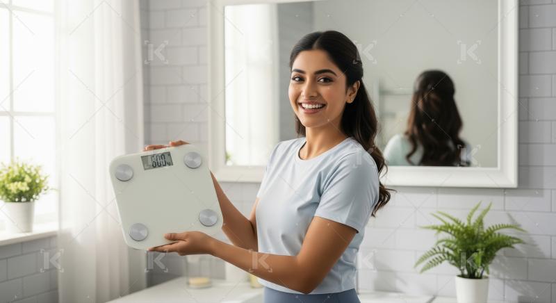 Happy Woman Holds Weighing Scale in Bright Bathroom