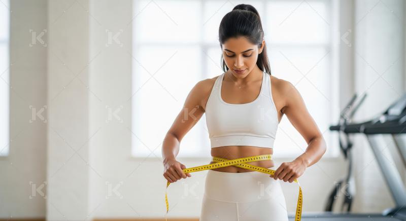 Dedicated woman measuring waist for health and fitness goals.
