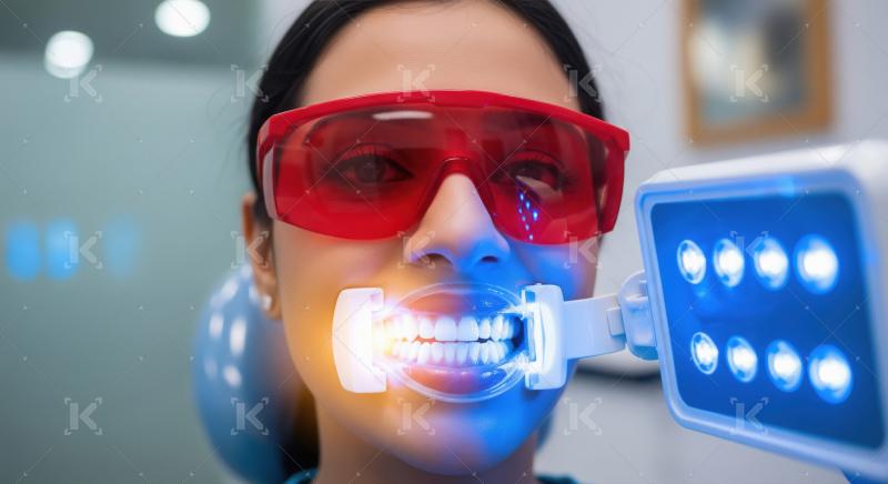 Woman receiving professional teeth whitening treatment in dental