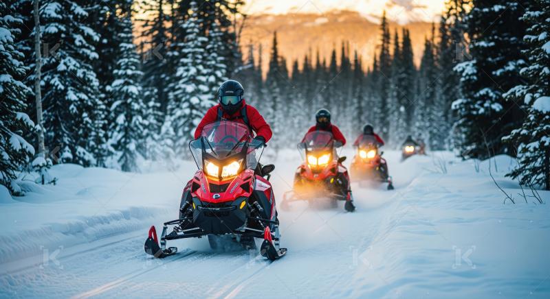 Thrilling winter adventure scene showing a group of snowmobiles