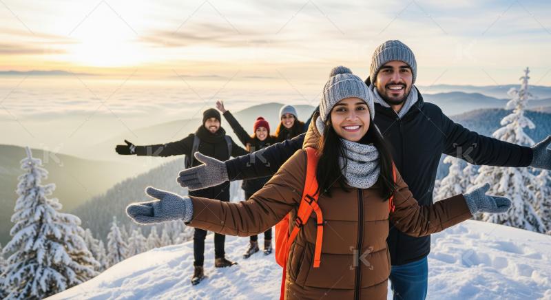 Happy family in colorful winter jackets and ski gear standing wi