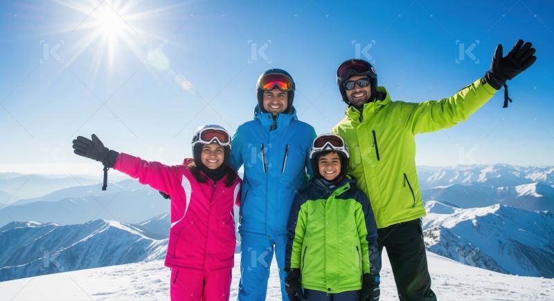 Happy family in colorful winter jackets and ski gear standing wi
