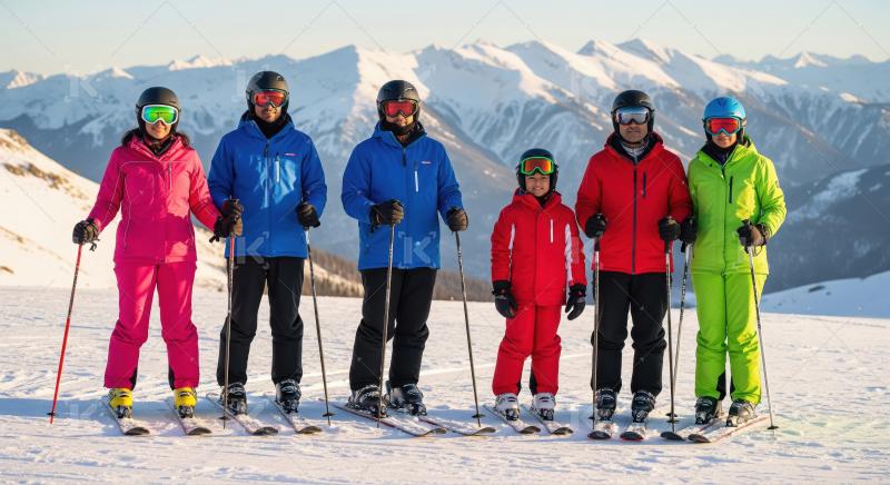 Happy family in colorful winter jackets and ski gear standing wi