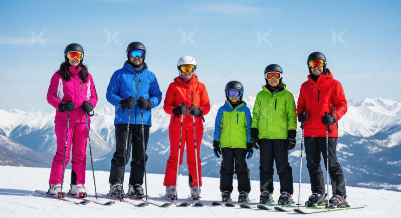 Happy family in colorful winter jackets and ski gear standing wi