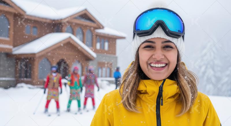 Young woman in a yellow jacket holding a warm drink outside a sn