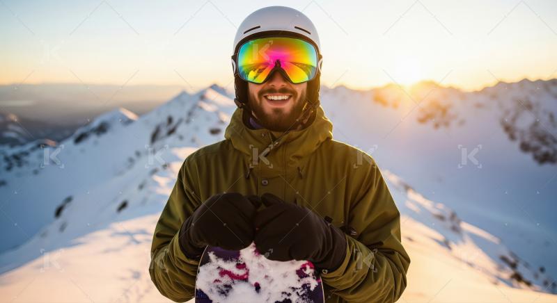 Snowboarder standing on a snowy mountain peak at sunrise dressed
